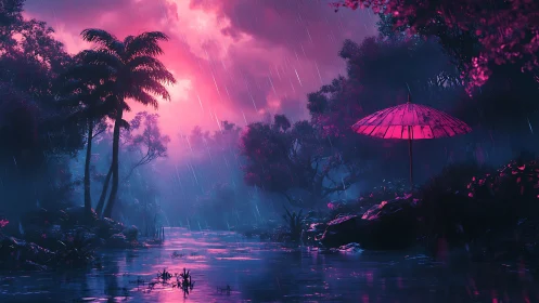 Neon rainstorm transforms a lush jungle river at twilight.