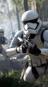 Armored sci fi soldier advancing through dense forest.