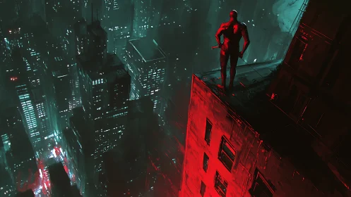 Cyberpunk rooftop sentinel over neon-drenched megacity skyline.