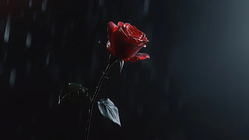 Red Rose Against Dark Backdrop with Moisture Droplets.