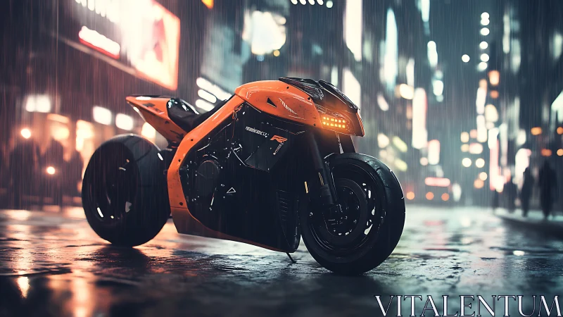 Futuristic orange superbike under neon city rainstorm.