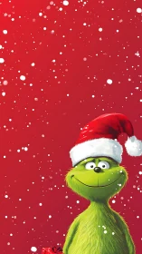 Green furry character in Santa hat smiles against snowy red field