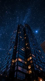 Glass high-rise towers upward under dense starry night sky