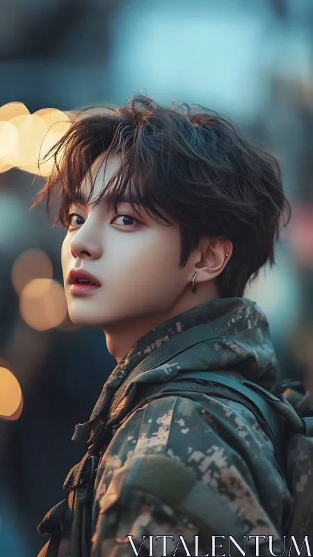 Youthful soldier portrait under soft city dusk bokeh