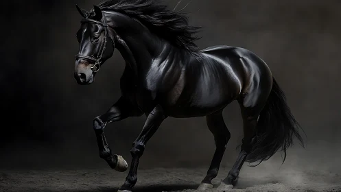 Black stallion captured mid-gallop in dramatic studio light.