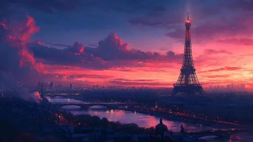 Paris sky ignites in neon dusk around a glowing Eiffel dream.