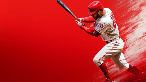 Powerful baseball swing captured against vivid red motion