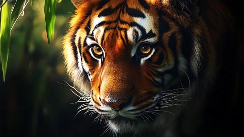 Tiger face close-up in dramatic jungle light and shadow.