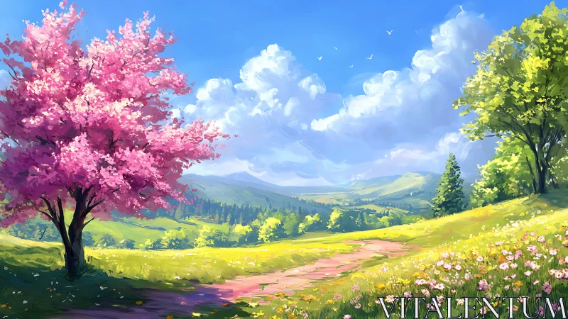 Blossom-bright meadow path under sky-bloomed clouds.