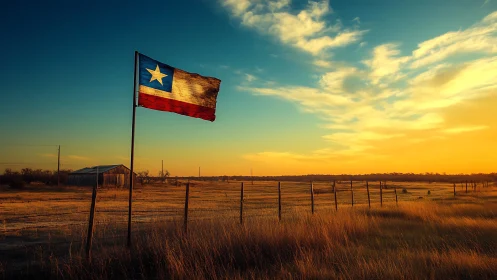 Texas flag ripples over sunlit rural prairie at sunset.