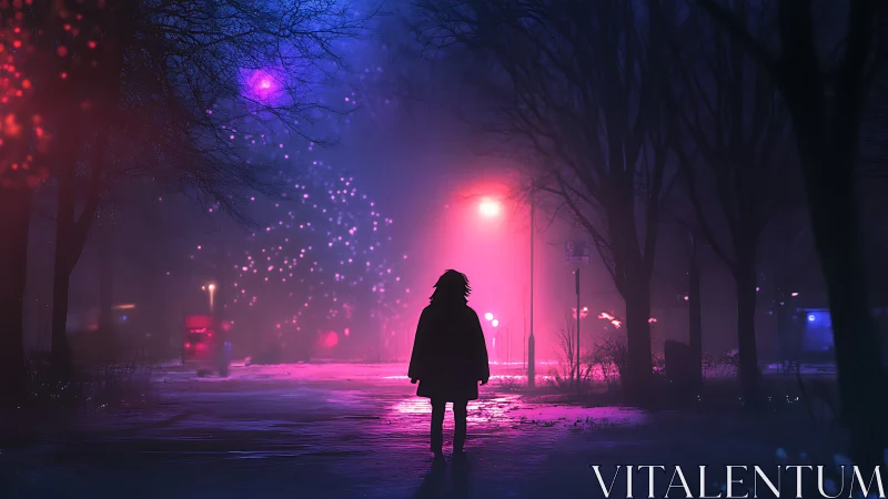 Solitary figure on neon lit winter street at night.