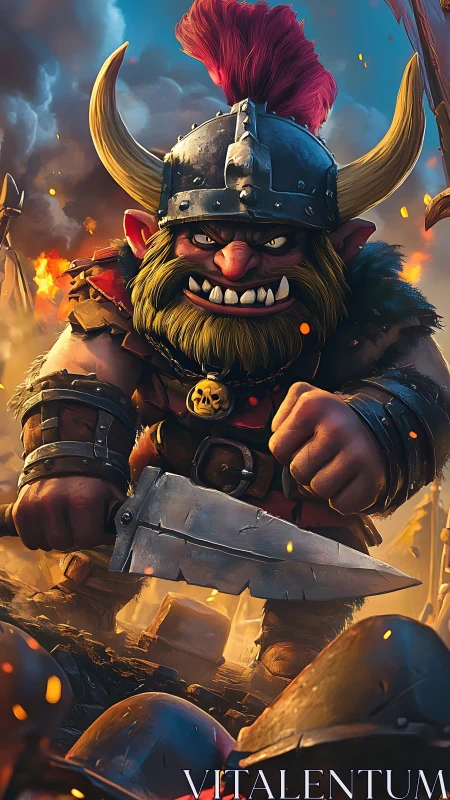 Armored horned warrior with large blade in battle zone.