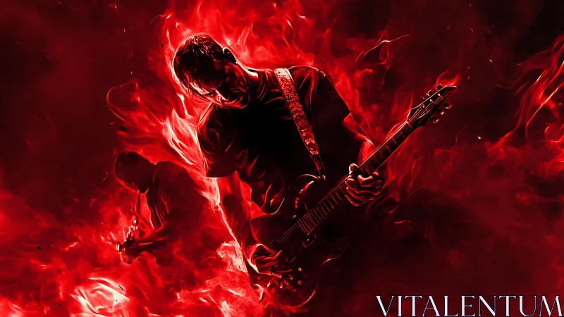 Electric guitarist in red fiery haze with dynamic lighting
