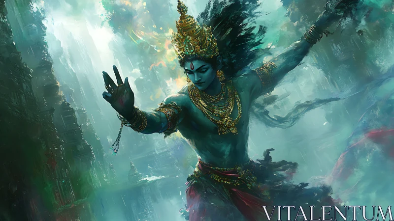 Mythic blue deity in dynamic dance framed by misted temples