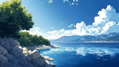 Coastal headland with trees, distant town and cloud formations.