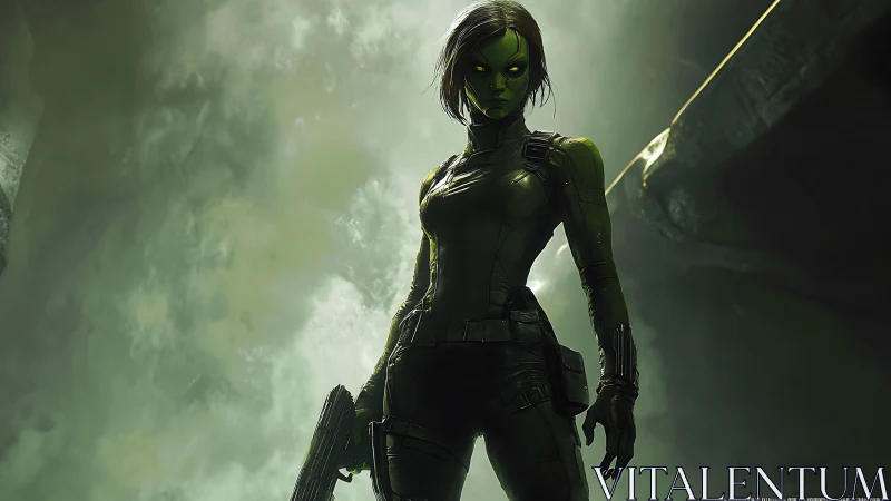 Armored green warrior stands in toxic sci fi haze.