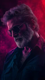 Bearded man in sunglasses under magenta studio lighting.