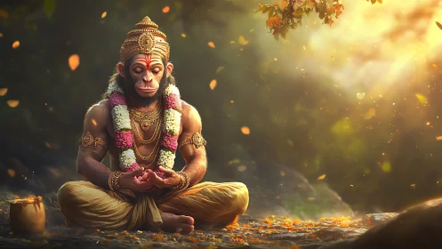 Hanuman meditates in golden forest light, petals swirling gently.