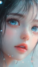 Digital close-up of wet female face illustrates stylized realism