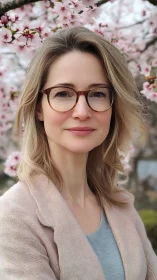 Portrait of woman in glasses before pink flowering tree.