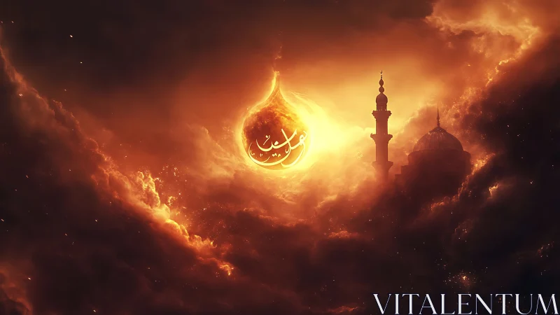 Radiant crescent flame embraces a tranquil mosque skyline