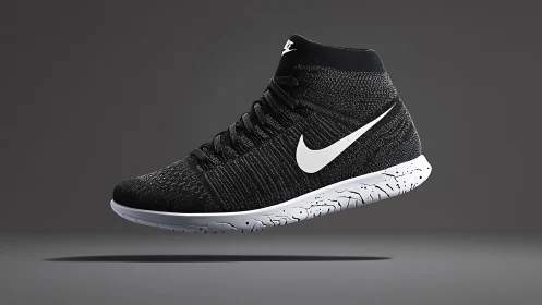 Black knit Nike sneaker floats in minimal studio lighting
