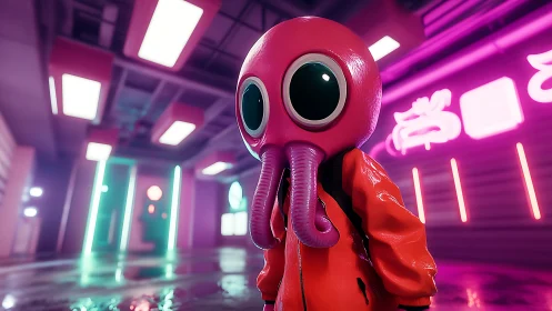 Neon-soaked alien character explores futuristic corridor.