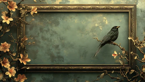Rectangular frame surrounds textured wall and perched bird