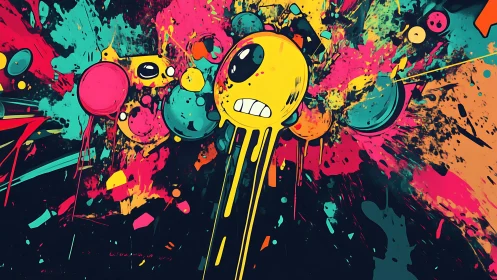 Playful splatter characters burst in neon comic chaos.