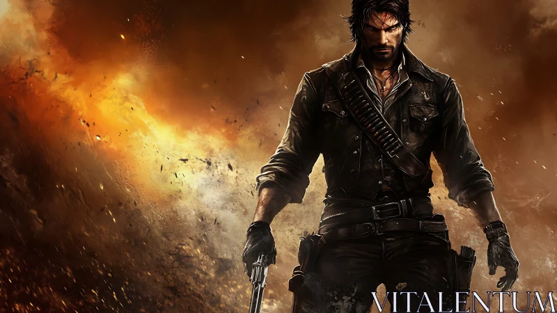 Lone gunslinger strides from blazing explosive inferno.