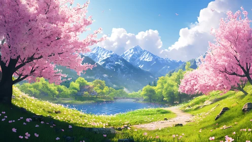 Blossom-laced mountains whisper springtime toward the lake