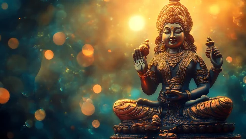 Golden goddess statue under glowing bokeh light field.