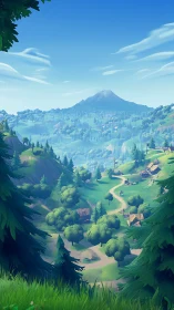 Sunny valley path winding through playful green hills.