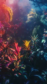 Spectral neon jungle foliage under volumetric mist gradients
