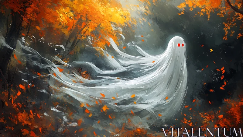 Spectral white ghost sweeps through turbulent autumn forest air