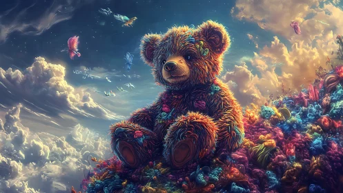 Textured teddy bear in dense multicolored cloud landscape.