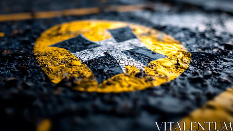 Wet street helipad marking under dramatic shallow focus.