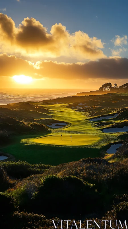 Golden sunset pours soft light over a peaceful coastal golf course