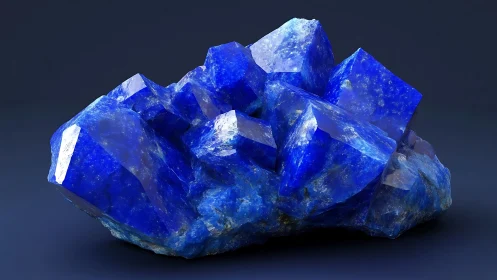 Deep blue prismatic crystal cluster against dark ground.