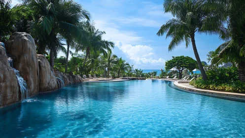 Tropical Paradise Pool With Palm Trees and Ocean View