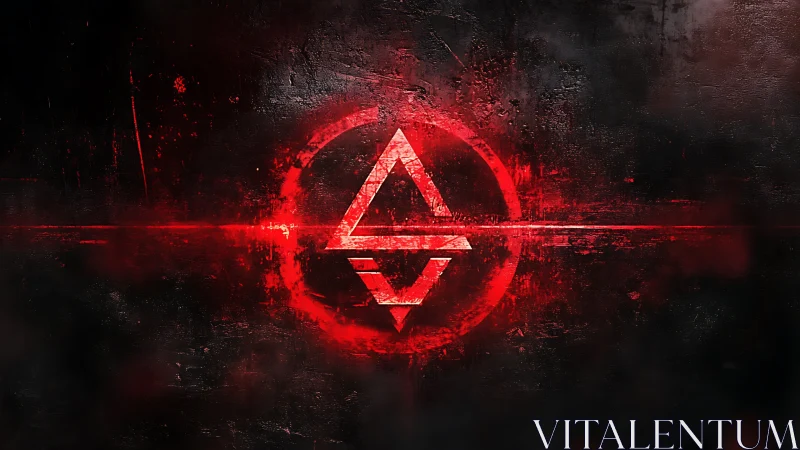 Red geometric sigil with glitch streaks on dark textured field.