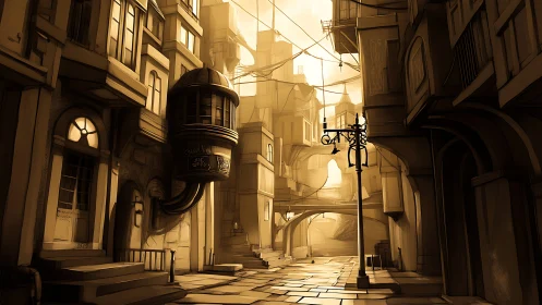 Sunlit Dystopian Alley with Towering Architecture and Lampposts