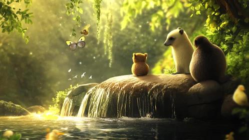 Forest animals watch glowing waterfall under warm sunset light