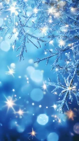 Glittering blue snowflakes sparkle against dreamy bokeh sky.