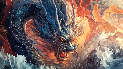 Fiery horned sea dragon surges through storm and waves.