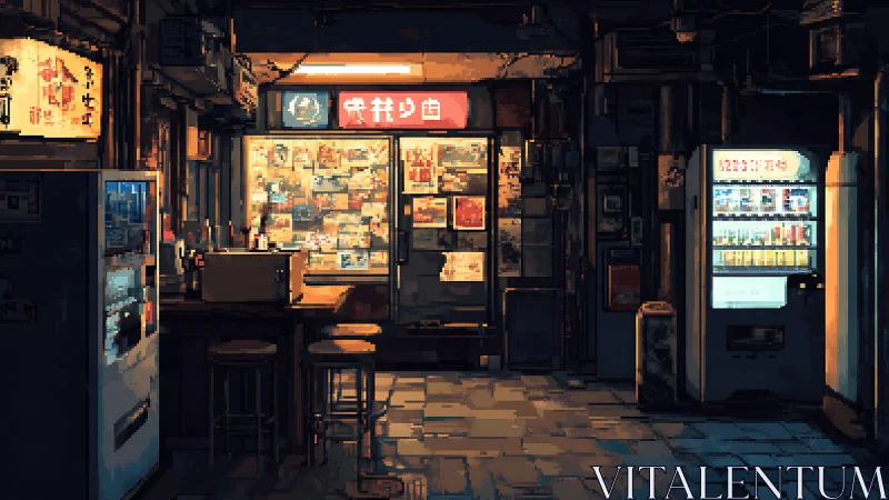 Cozy neon alley bar glowing softly between vending lights.