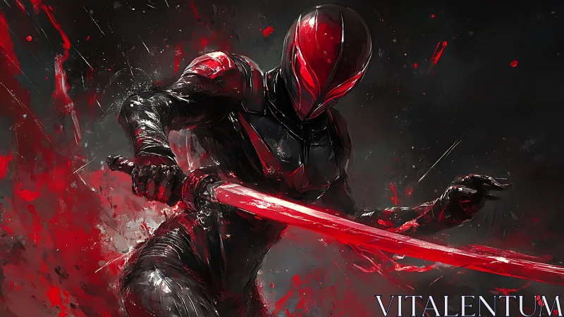 Armored figure holds red energy blade in dynamic stance