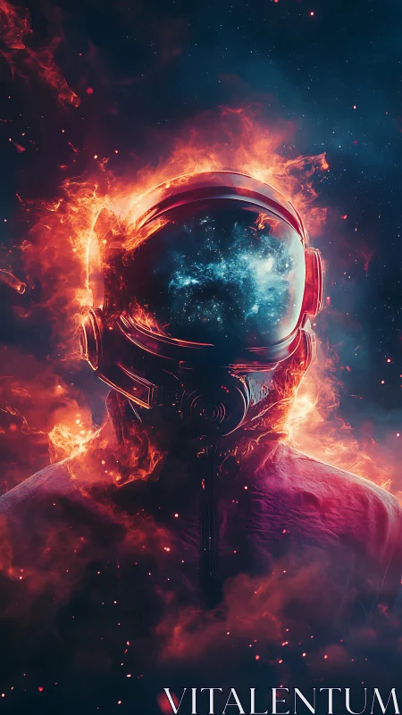 Astronaut in burning suit with cosmic visor reflection.