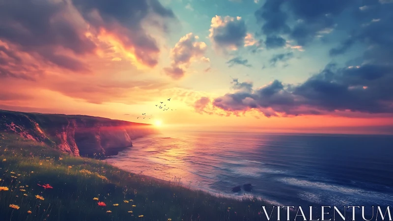 Golden cliffside sunset over calm, colorful ocean horizon.