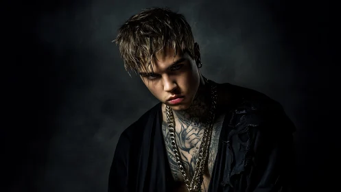 Moody tattooed young man stands in dramatic studio lighting